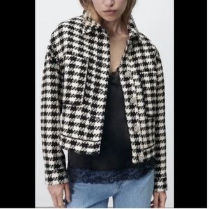 Zara Houndstooth Tweed Jacket w/ Jewel Buttons
